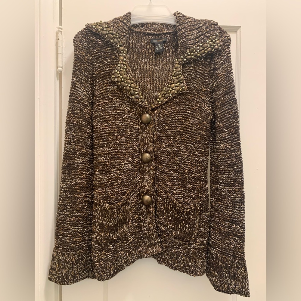 EUC BCBG MAXAZRIA BROWN/BEIGE BEADED CARDIGAN SWEATER WITH BELL SLEEVES SIZE M